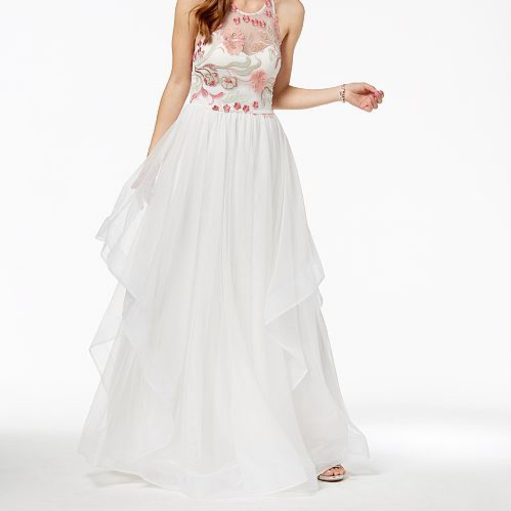 Sequins Hearts Long white gown with floral accent